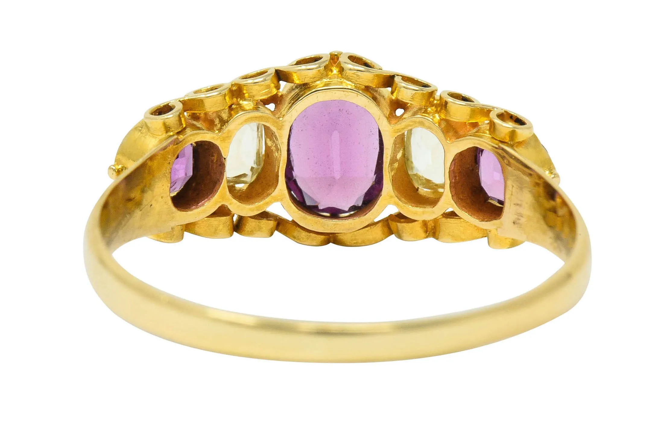 Victorian Rhodolite Garnet Chrysoberyl 18 Karat Gold Five Stone Ring