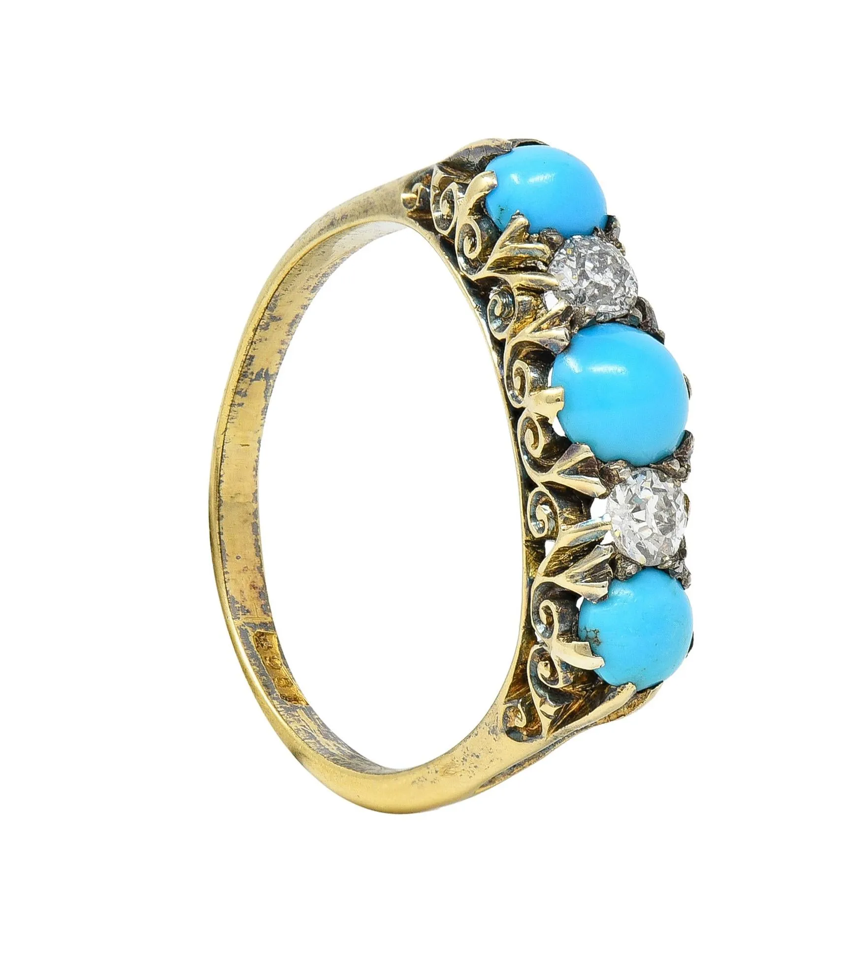 Victorian Turquoise Old Mine Cut Diamond 18 Karat Yellow Gold Scrolling Antique Five Stone Band Ring