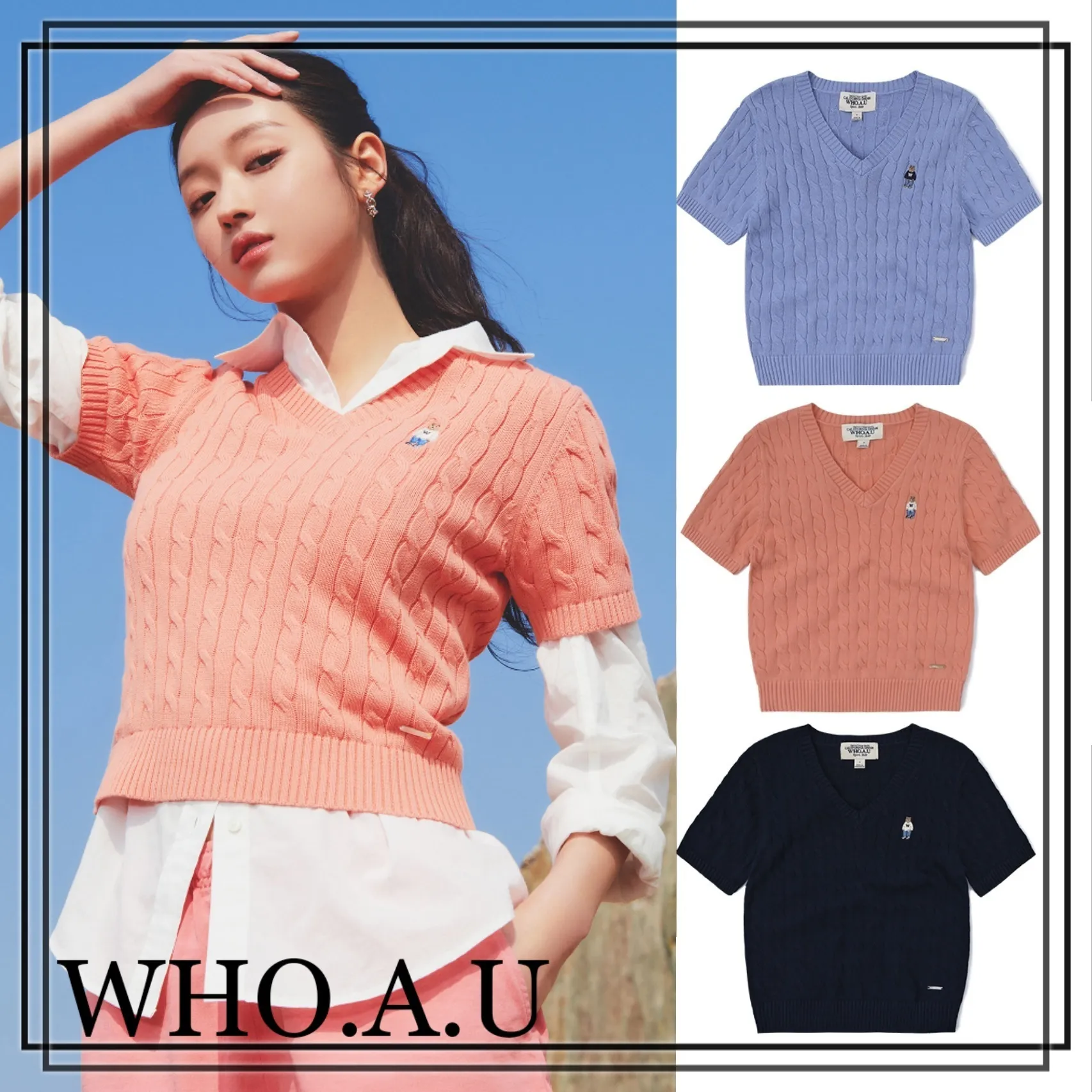 WHO.A.U  |Steve V-neck Cable Crop Sweater 3Colors WHKAD2411F Korea