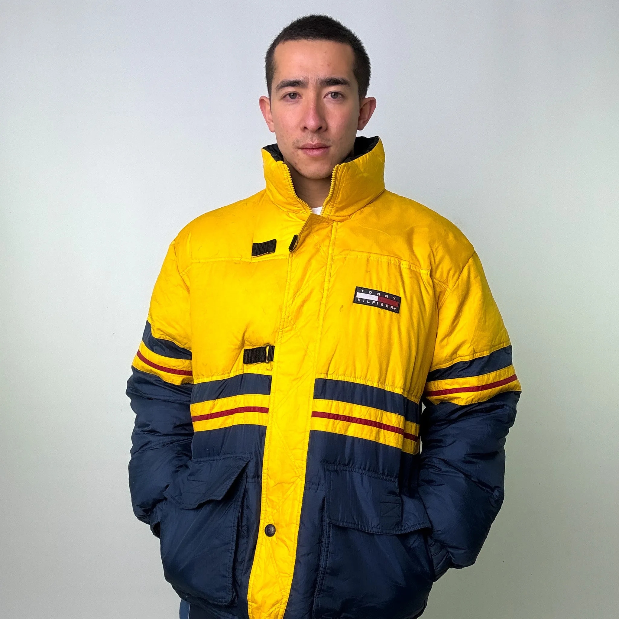 Yellow 90s Tommy Hilfiger Puffer Jacket Coat (L)