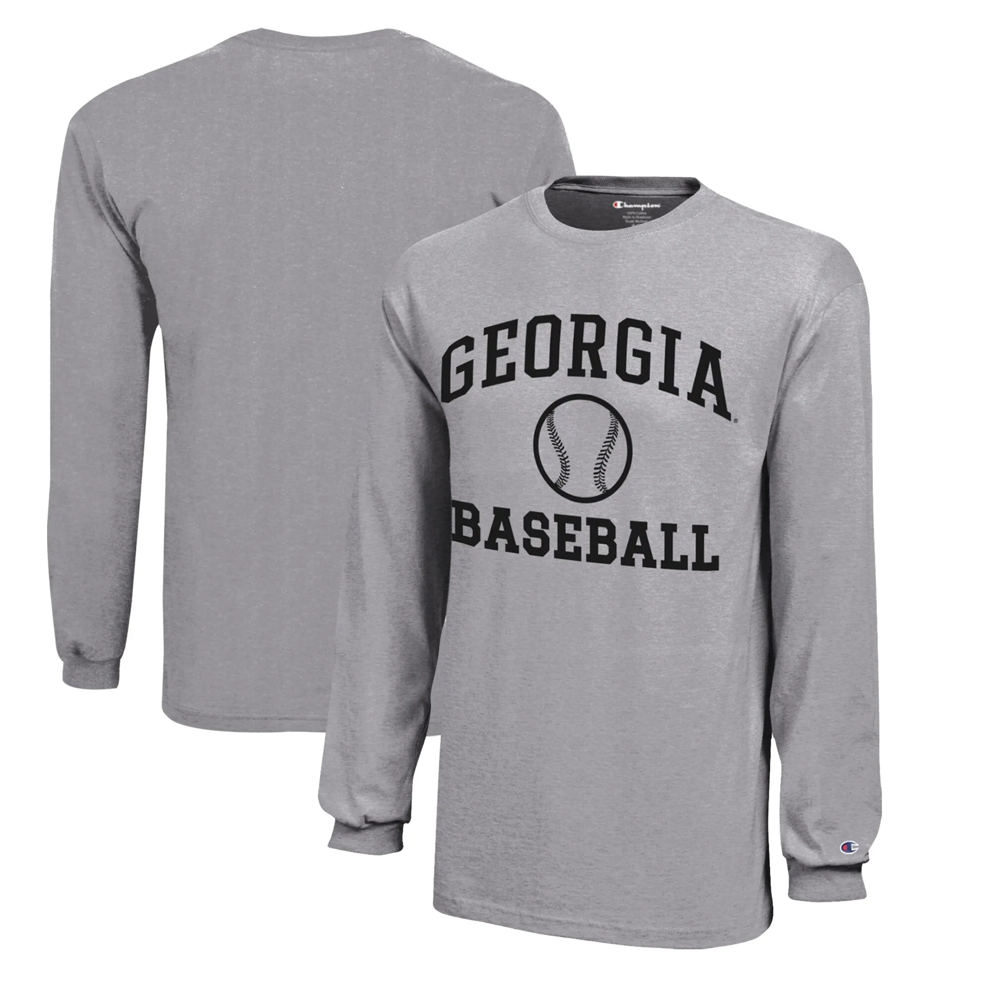 Youth Champion  Gray Georgia Bulldogs Icon Logo Long Sleeve Baseball T-Shirt